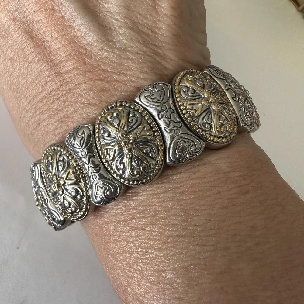 Silver Tone Gold‎ Cross Panel Bangle Bracelet Womens 8 Inch Religious Statement
